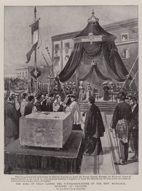 Der König von Italien legt den Grundstein des neuen Rathauses in Cagliari (Lithografie) von (after) Italian School