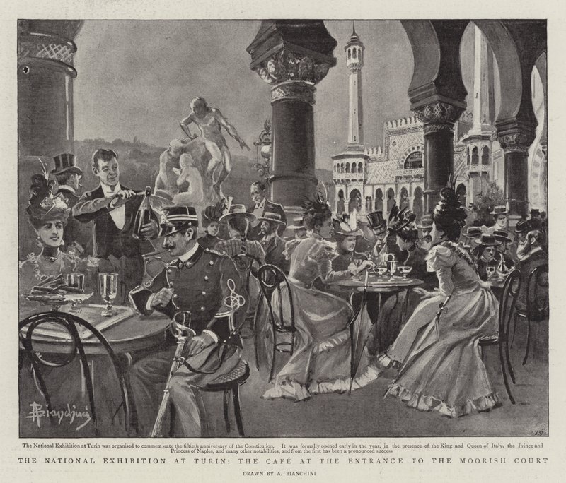 Die Nationale Ausstellung in Turin, das Café am Eingang zum Maurischen Hof von (after) Italian School