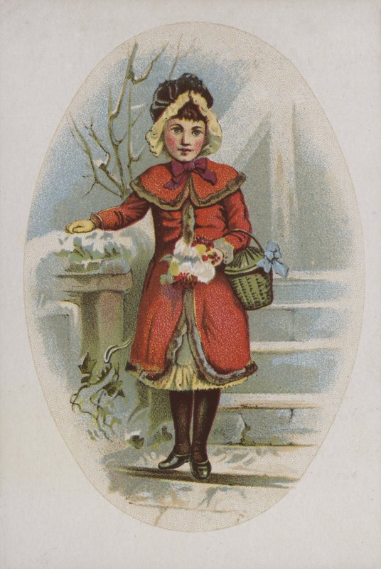 Elegantes Mädchen im roten Mantel mit Korb von American School