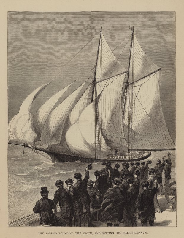 Die Sappho umrundet die Vectis und setzt ihre Ballonleinwand von English School