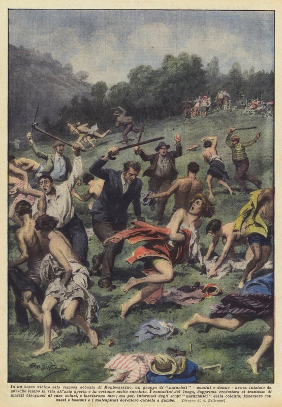In einem Wald in der Nähe der berühmten Abtei von Montecassino versammelte sich eine Gruppe von Naturisten - Männer und Frauen? von Achille Beltrame