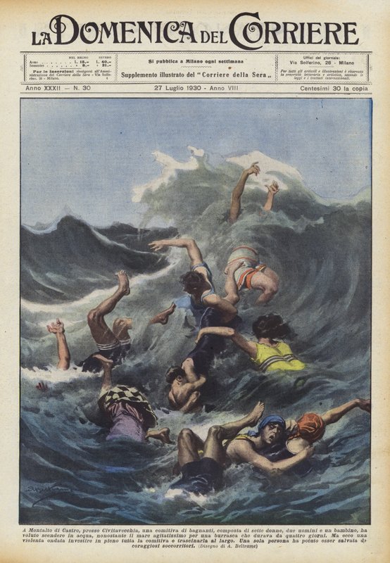 In Montalto di Castro, bei Civitavecchia, eine Gruppe von Badegästen, bestehend aus sieben Frauen von Achille Beltrame