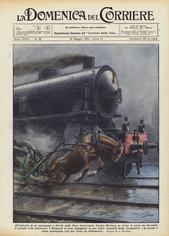 Auf der Höhe eines Bahnübergangs auf der Linie Casale-Mortara ein vorbeifahrender Zug von Achille Beltrame