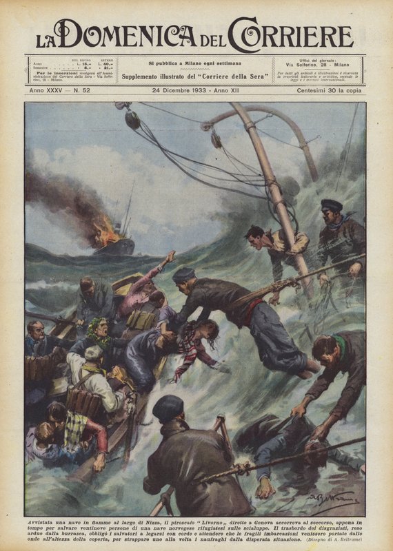 Ein brennendes Schiff vor Nizza gesichtet, der Dampfer Livorno auf dem Weg nach Genua eilte zur Hilfe von Achille Beltrame