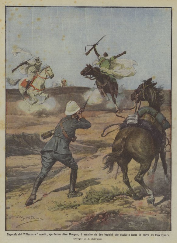 Korporal des Piacenza-Kavallerie, verirrt sich jenseits von Bengasi und wird von zwei Beduinen angegriffen, die er tötet von Achille Beltrame