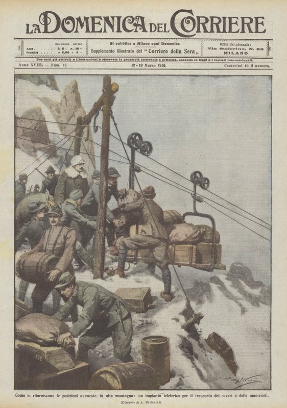 Wie die vorgeschobenen Stellungen versorgt werden, in den hohen Bergen, eine Seilbahnanlage von Achille Beltrame