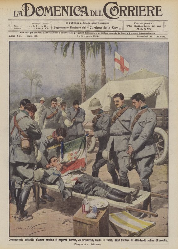 Rührende Episode des patriotischen Mutes, der Korporal Carola, Kavallerie, verwundet in Libyen, will die Fahne küssen von Achille Beltrame