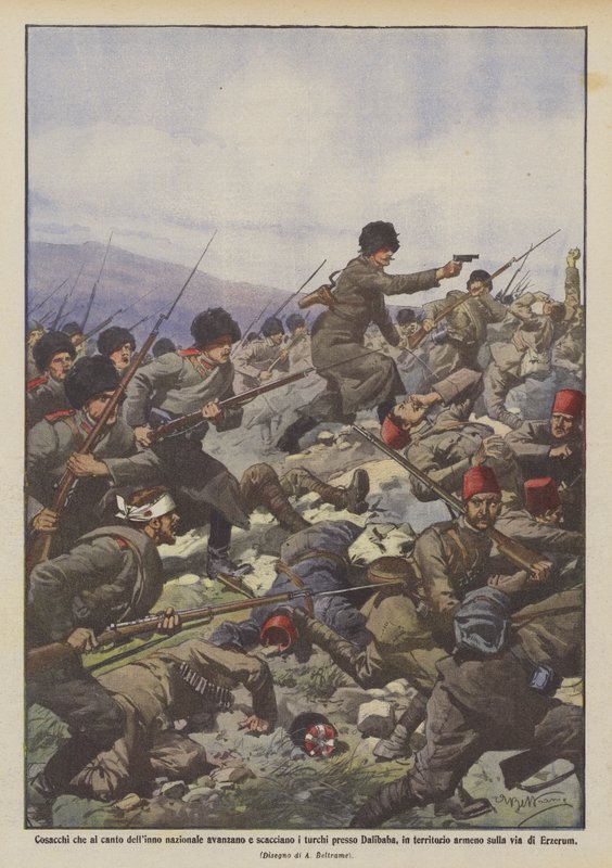 Kosaken, die zur Nationalhymne vorrücken und die Türken bei Dalibaba vertreiben von Achille Beltrame