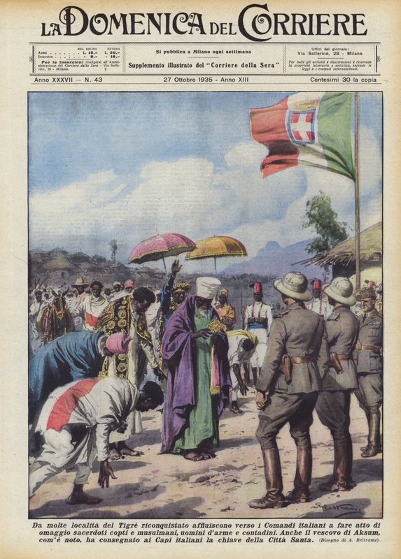 Aus vielen Orten des zurückeroberten Tigre strömen Menschen zu den italienischen Kommandos, um... von Achille Beltrame