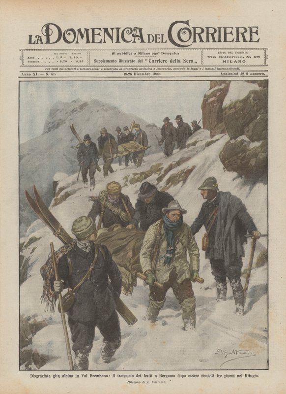 Unglücklicher Ausflug in die Alpen im Val Brembana, der Transport der Verletzten nach Bergamo nach drei Tagen von Achille Beltrame