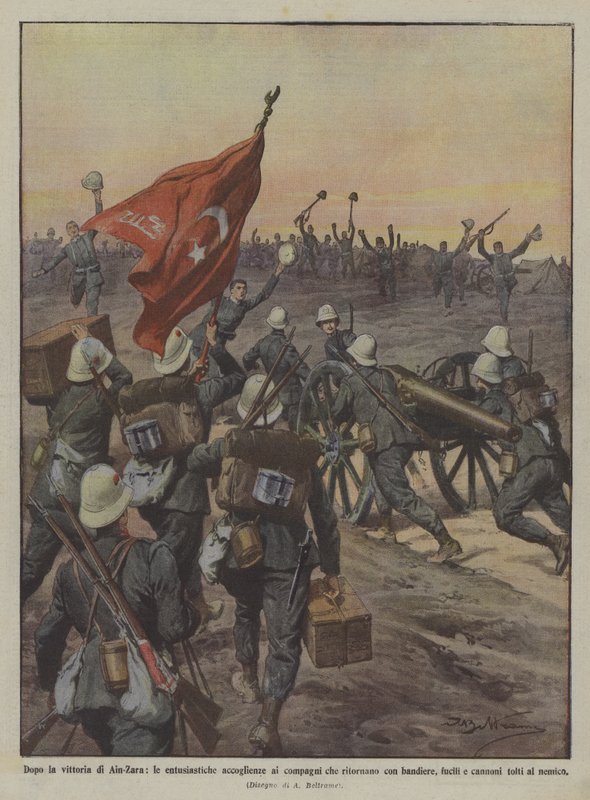 Nach dem Sieg von Ain-Zara, die begeisterten Begrüßungen der zurückkehrenden Kameraden mit Fahnen von Achille Beltrame