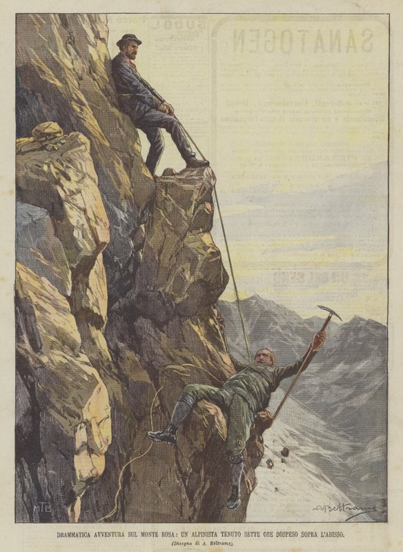 Dramatisches Abenteuer am Monte Rosa, ein Bergsteiger hängt sieben Stunden über dem Abgrund von Achille Beltrame