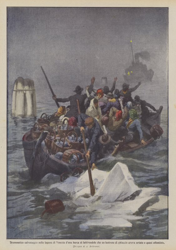 Dramatische Rettung in der Lagune von Venedig eines Bootes von Milchverkäuferinnen, das von einer Eisscholle getroffen wurde von Achille Beltrame