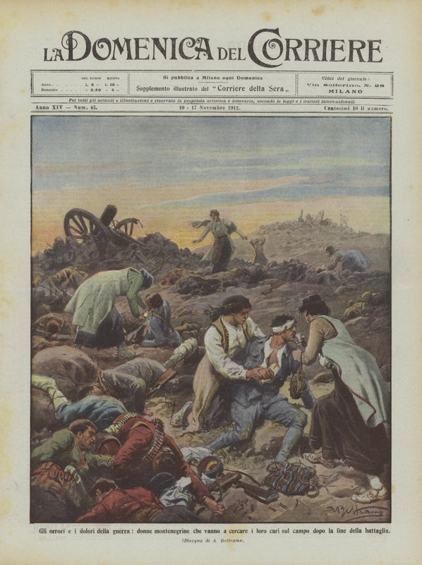 Die Schrecken und Leiden des Krieges, montenegrinische Frauen suchen ihre Angehörigen auf dem Schlachtfeld... von Achille Beltrame