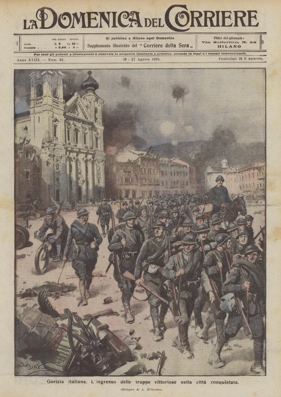 Das italienische Gorizia, der Einzug der siegreichen Truppen in die eroberte Stadt von Achille Beltrame