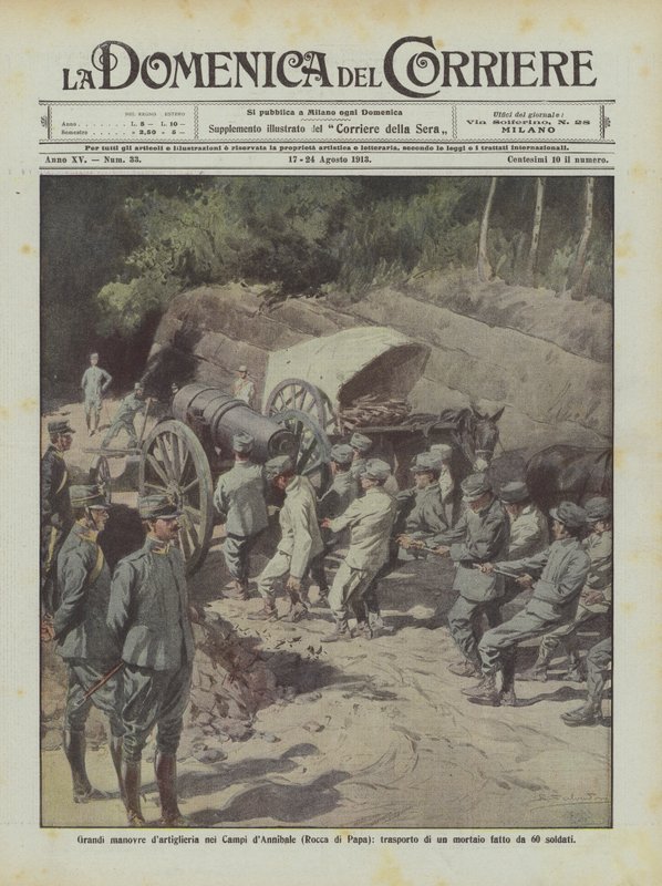 Große Artilleriemanöver auf den Feldern von Annibale (Rocca di Papa), Transport eines Mörsers durch 60 Soldaten von Achille Beltrame