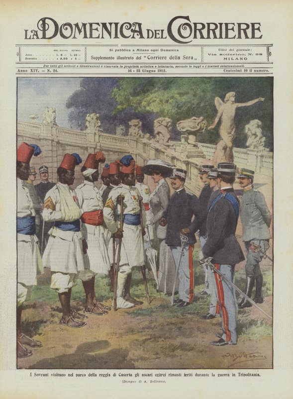 Die Monarchen besuchen im Park des Palastes von Caserta die eritreischen Askaris, die während des Krieges verwundet wurden von Achille Beltrame
