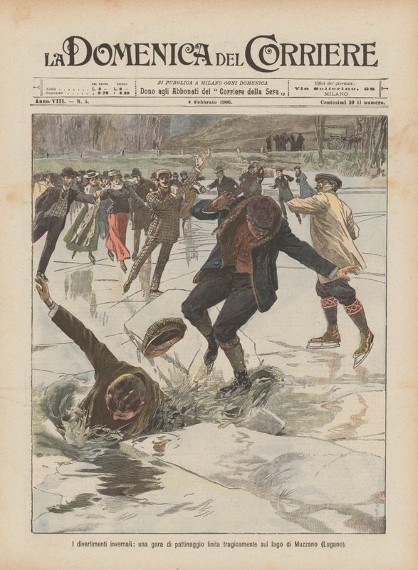 Die Wintervergnügungen, ein Eislaufwettbewerb, der tragisch auf dem Muzzano-See (Lugano) endet von Achille Beltrame