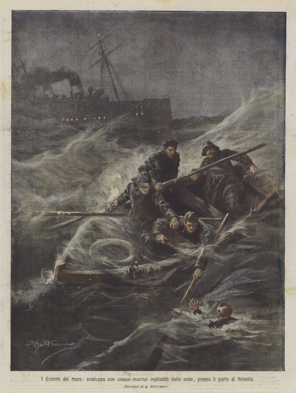 Die Dramen des Meeres, Rettungsboot mit fünf Matrosen von den Wellen verschlungen, bei dem Hafen von Venedig von Achille Beltrame