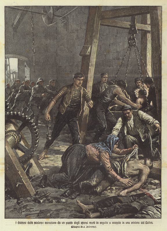 Die Dramen der Bergwerke, Bergleute werden nach einer Explosion in einem walisischen Bergwerk aus einem Schacht geborgen von Achille Beltrame