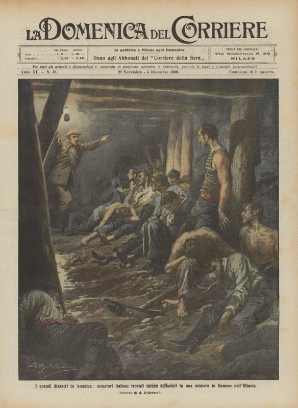Die großen Katastrophen in Amerika, italienische Bergleute halb erstickt in einem brennenden Bergwerk in Illinois gefunden von Achille Beltrame