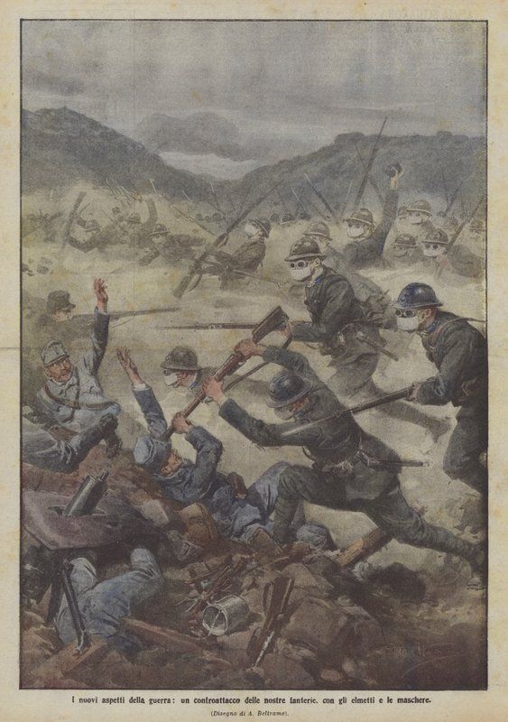 Die neuen Aspekte des Krieges, ein Gegenangriff unserer Infanterie, mit Helmen und Masken von Achille Beltrame