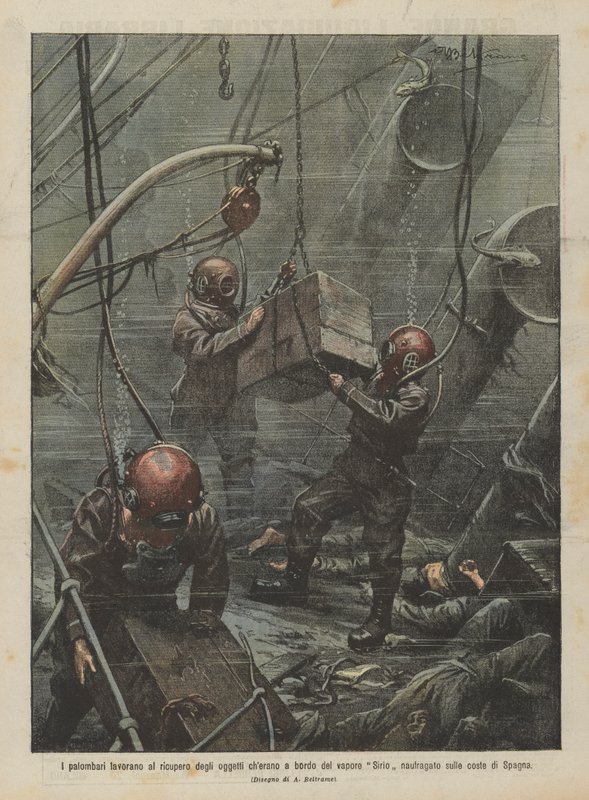 Die Taucher arbeiten an der Bergung der Gegenstände, die an Bord des vor der spanischen Küste gesunkenen Dampfers Sirio waren von Achille Beltrame