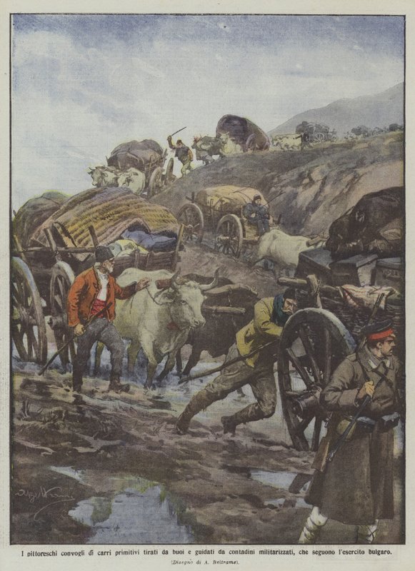 Die malerischen Konvois primitiver Karren, gezogen von Ochsen und geführt von militarisierten Bauern... von Achille Beltrame