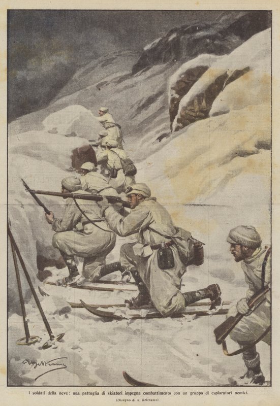 Die Soldaten des Schnees, eine Patrouille von Skifahrern kämpft gegen eine Gruppe feindlicher Späher von Achille Beltrame