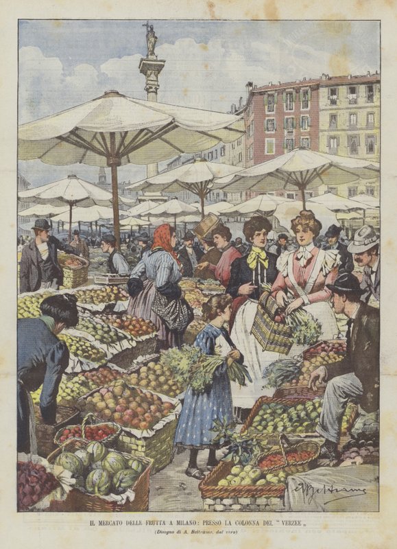 Der Obstmarkt in Mailand bei der Säule von Verzee von Achille Beltrame