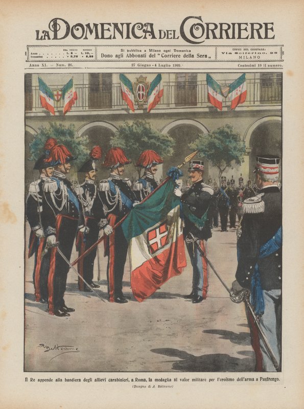 Der König hängt die Tapferkeitsmedaille an die Flagge der Carabinieri-Schüler in Rom von Achille Beltrame
