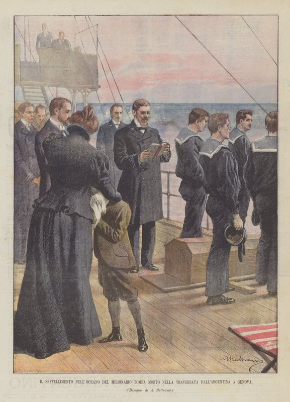 Die Seebestattung des Millionärs Tomba, gestorben auf der Überfahrt von Argentinien nach Genua von Achille Beltrame