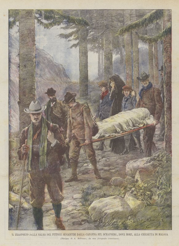 Der Transport der Leiche des Malers Segantini von der Hütte auf dem Schafberg, wo er starb, zur Kapelle von Maloja von Achille Beltrame