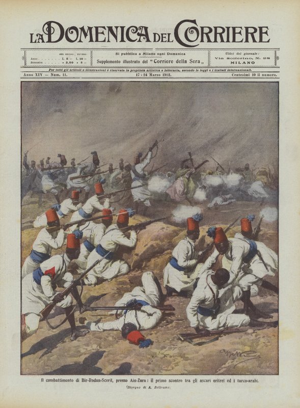 Der Kampf von Bir-Rodan-Scherif bei Ain-Zara, das erste Gefecht zwischen den eritreischen Askaris und den türkisch-arabischen Truppen von Achille Beltrame