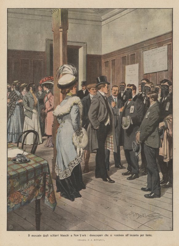 Der Markt der weißen Sklaven in New York, Arbeitslose, die sich aus Hunger versteigern (Farblitho) von Achille Beltrame