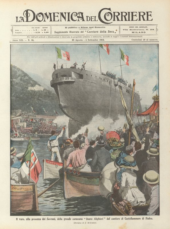 Der Stapellauf des großen Schlachtschiffs Dante Alighieri in Anwesenheit der Herrscher auf der Werft von Castellammare di Stabia von Achille Beltrame