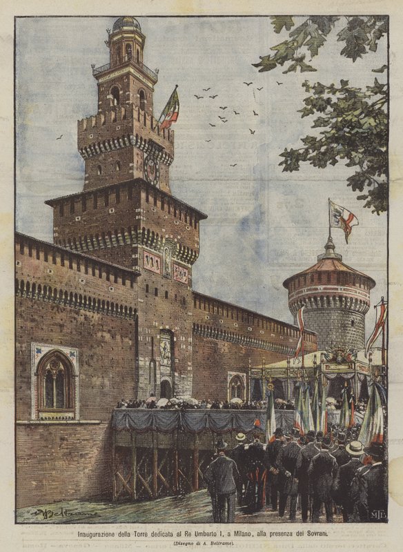 Einweihung des dem König Umberto I. gewidmeten Turms in Mailand, in Anwesenheit der Herrscher von Achille Beltrame