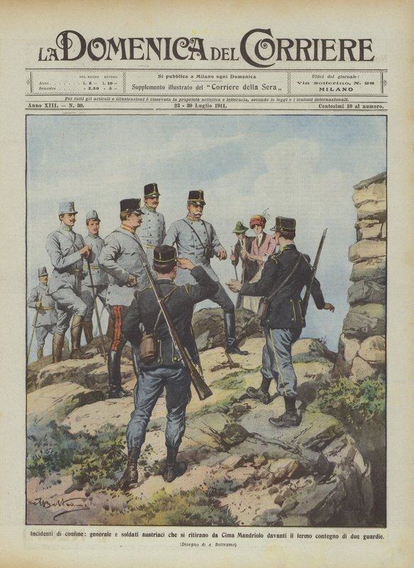 Grenzvorfälle, österreichischer General und Soldaten ziehen sich von Cima Mandriolo zurück von Achille Beltrame