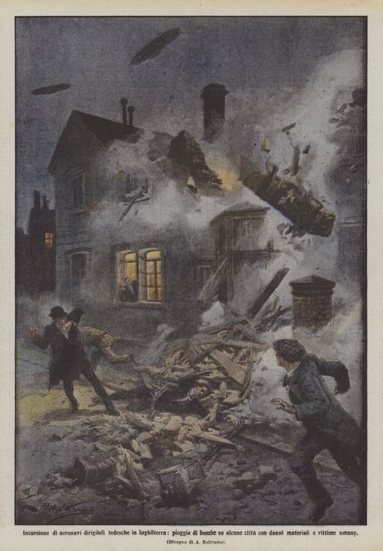 Angriff deutscher Luftschiffe auf England, Bombenregen auf einige Städte von Achille Beltrame