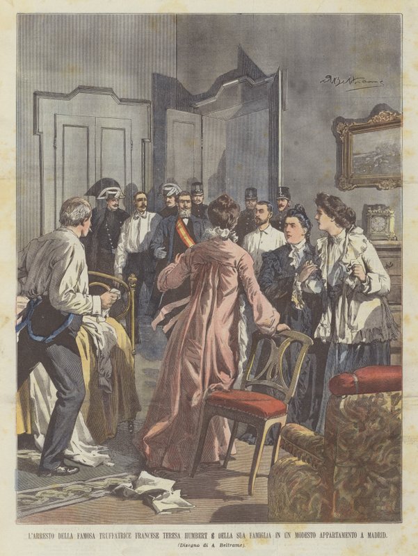 Die Verhaftung der berühmten französischen Betrügerin Teresa Humbert und ihrer Familie in einer bescheidenen Wohnung in Madrid von Achille Beltrame