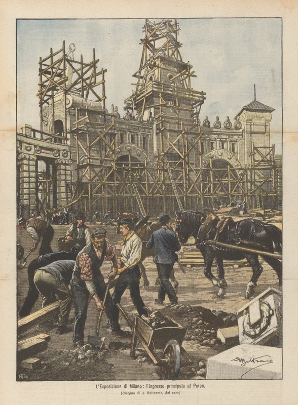 Die Ausstellung in Mailand, der Haupteingang zum Park von Achille Beltrame