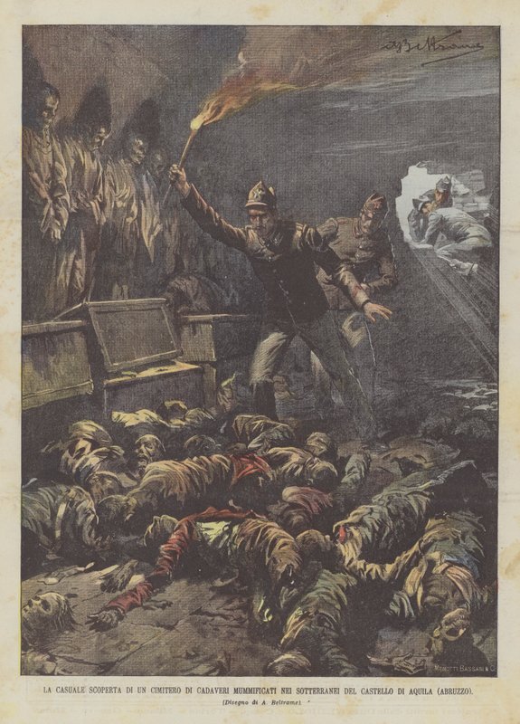 Der zufällige Fund eines Friedhofs mit mumifizierten Leichen in den Kellern des Schlosses von Aquila (Abruzzen) von Achille Beltrame