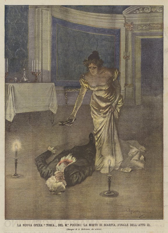 Die neue Oper Tosca von Maestro Puccini, der Tod von Scarpia (Finale des zweiten Akts) von Achille Beltrame