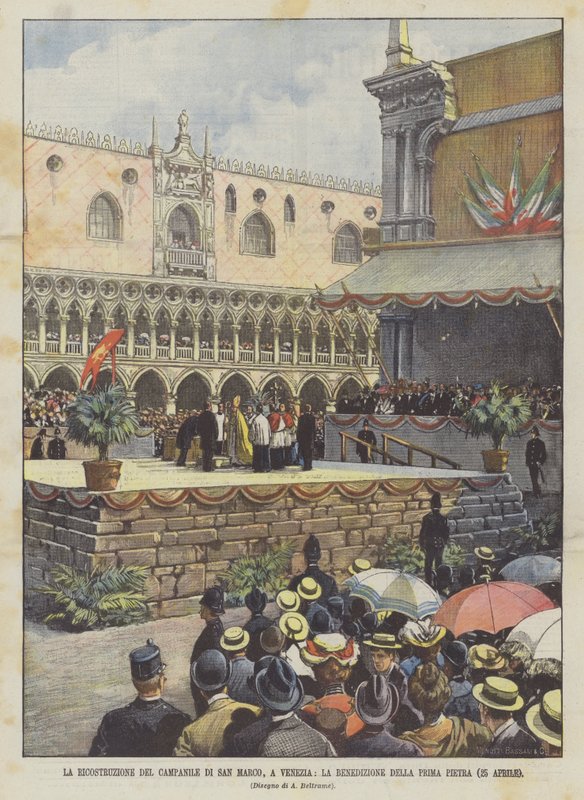 Der Wiederaufbau des Glockenturms von San Marco in Venedig, die Segnung des ersten Steins (25. April) von Achille Beltrame