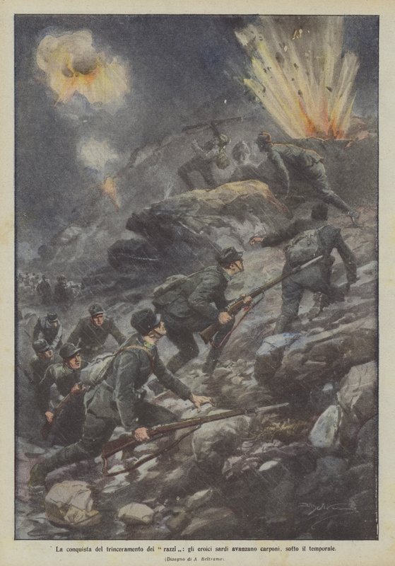 Die Eroberung der Raketenverschanzung, die heroischen Sarden rücken kriechend vor, unter dem Gewitter von Achille Beltrame