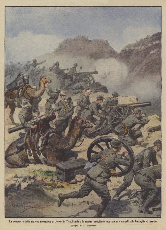 Die Eroberung der Bergregion von Jefren in Tripolitanien, unsere Artillerie montiert von Achille Beltrame
