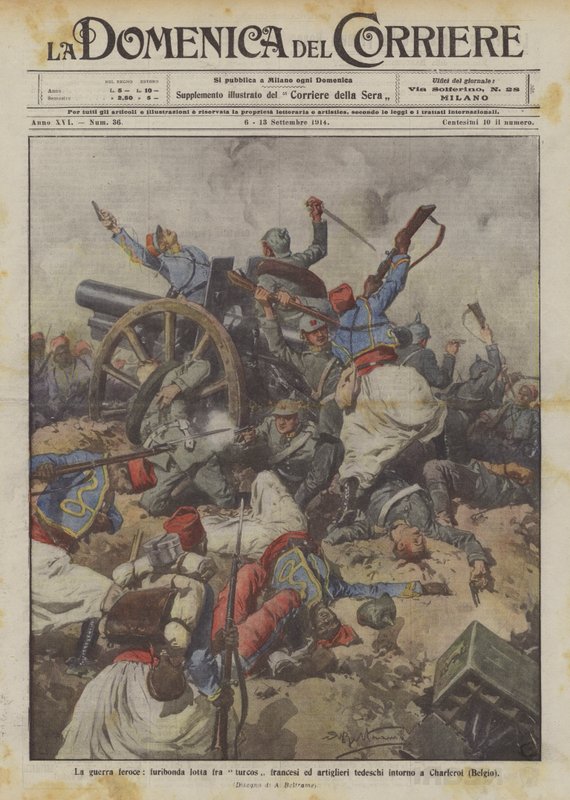 Der erbitterte Krieg, wütender Kampf zwischen französischen Turcos und deutschen Artilleristen um Charleroi (Belgien) von Achille Beltrame