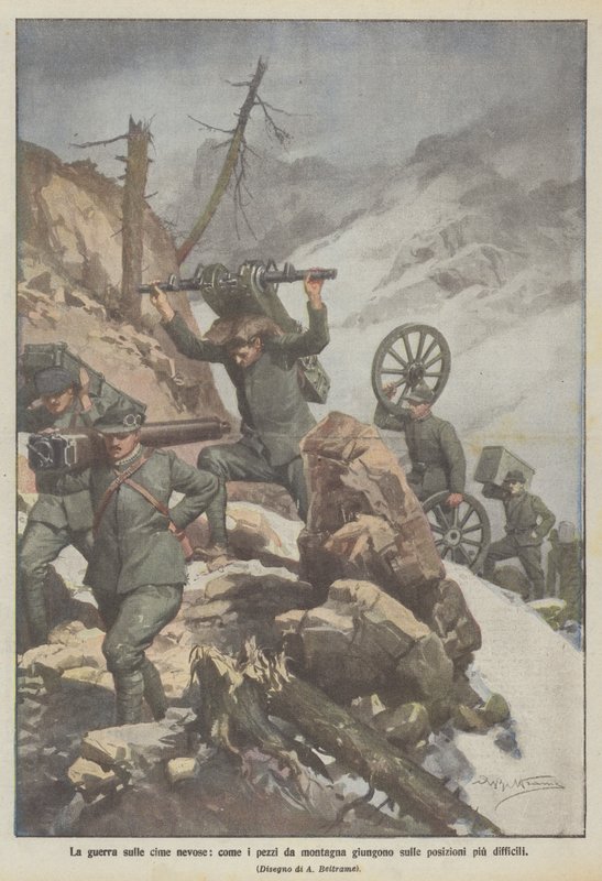 Der Krieg auf den schneebedeckten Gipfeln, wie die Gebirgsgeschütze die schwierigsten Positionen erreichen von Achille Beltrame