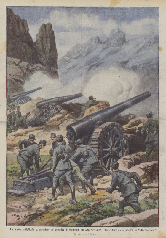 Unsere Artillerie sprengt ein Munitionsdepot auf der Anderter Alpe und schlägt die feindliche Artillerie von Achille Beltrame