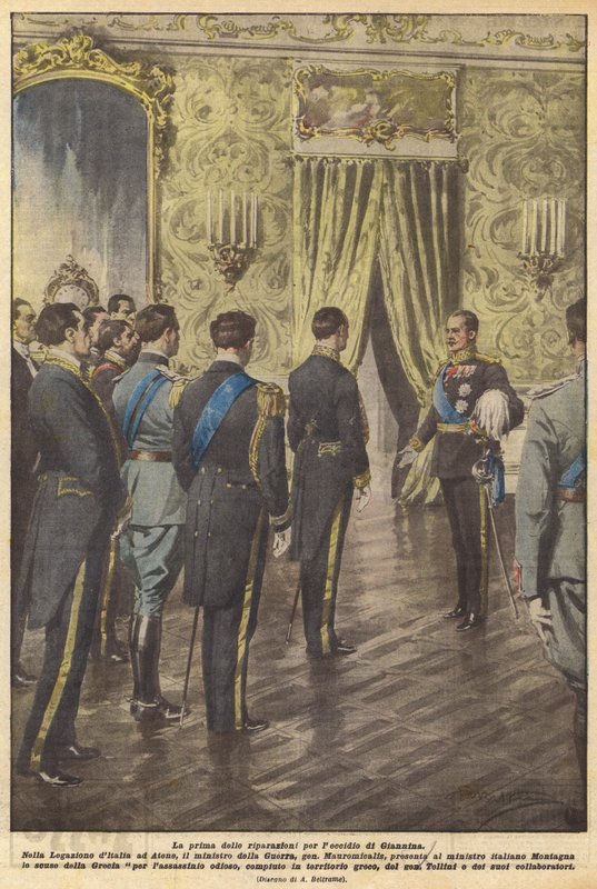 Die erste der Wiedergutmachungen für das Massaker von Giannina von Achille Beltrame